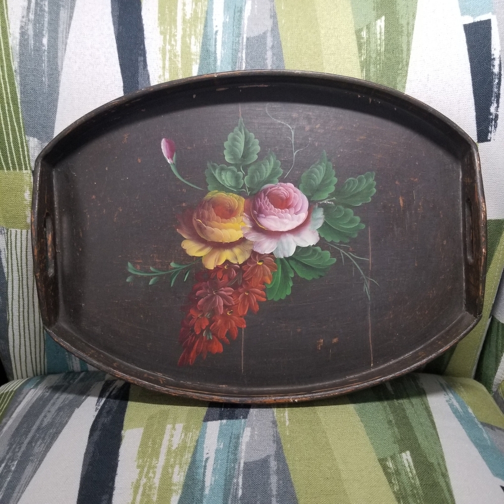 VTG Roses Wooden Serving Tray Hand Painted Hand-Crafted Cottage Core Floral